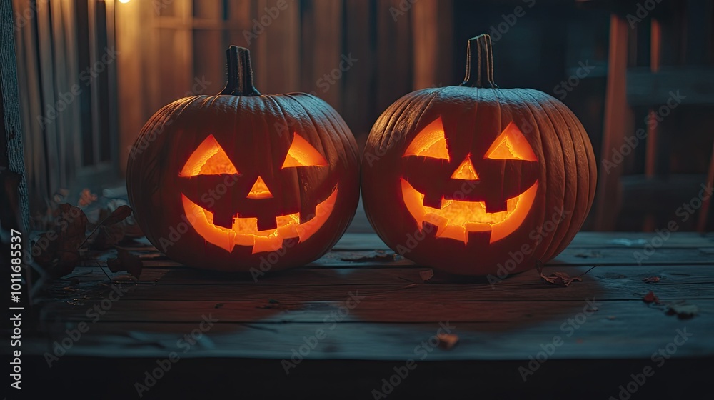 Obraz premium Halloween Jack O Lantern pumpkins, carved and glowing on a wooden table with room for text.