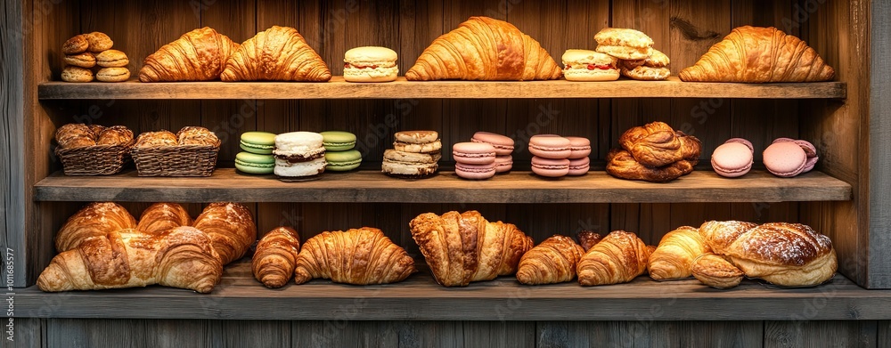 A Bakery's Delight: A rustic wooden display case overflowing with freshly baked croissants, macarons, and other pastries, inviting a taste of sweetness and artisanal charm. A Bakery's Delight: A rustic wooden display case overflowing with freshly baked croissants, macarons, and other pastries, inviting a taste of sweetness and artisanal charm.