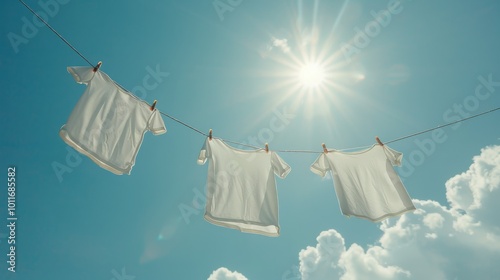 Three white T-shirts are hung up to dry on a clothesline, against a bright blue sky with vibrant sunshine, evoking a sense of simplicity and purity.