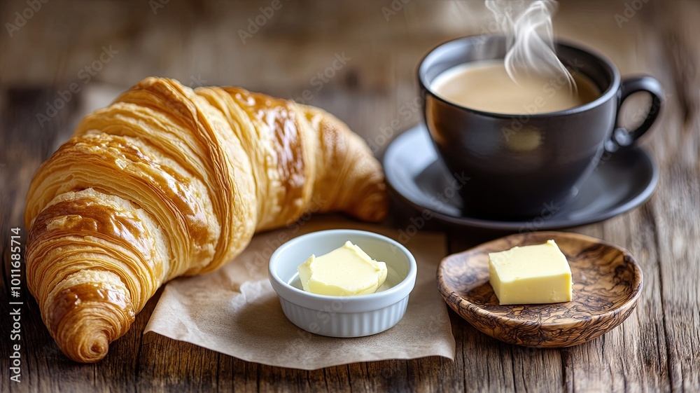 Buttery Croissant and Coffee: A rustic morning scene with a warm, flaky croissant, steaming coffee, and pats of butter. Perfect for breakfast, bakery, or food blog imagery. Buttery Croissant and Coffee: A rustic morning scene with a warm, flaky croissant, steaming coffee, and pats of butter. Perfect for breakfast, bakery, or food blog imagery.