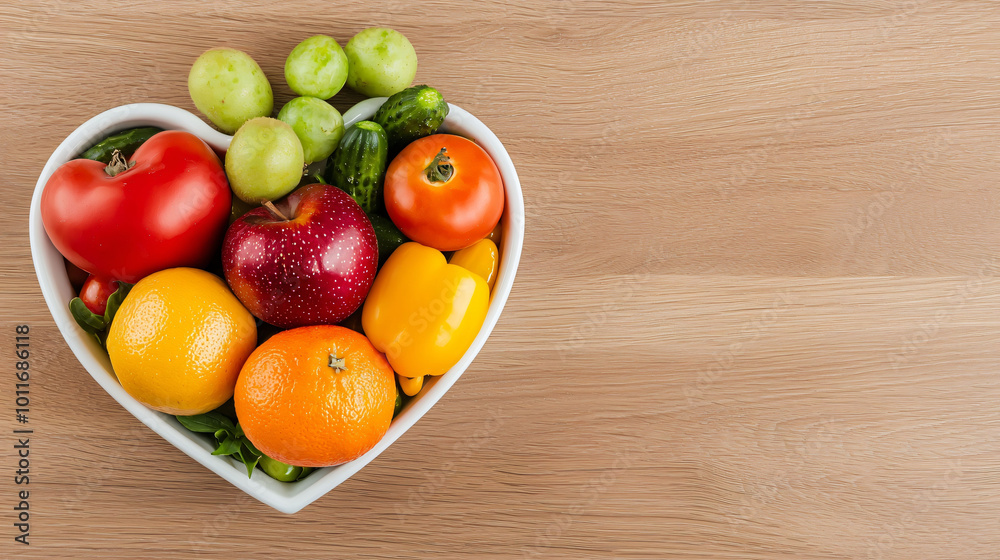 Fresh fruits and vegetables arranged in heart shaped bowl symbolize heart health and wellness. This vibrant display promotes nutritious lifestyle and encourages healthy eating habits Fresh fruits and vegetables arranged in heart shaped bowl symbolize heart health and wellness. This vibrant display promotes nutritious lifestyle and encourages healthy eating habits
