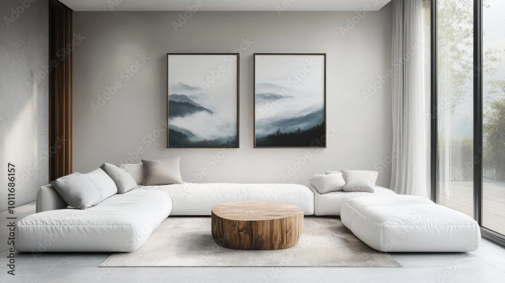 Modern living room interior featuring a white sectional sofa, wooden coffee table, and large landscape paintings. Natural light illuminates the space, creating a serene and calming atmosphere Modern living room interior featuring a white sectional sofa, wooden coffee table, and large landscape paintings. Natural light illuminates the space, creating a serene and calming atmosphere