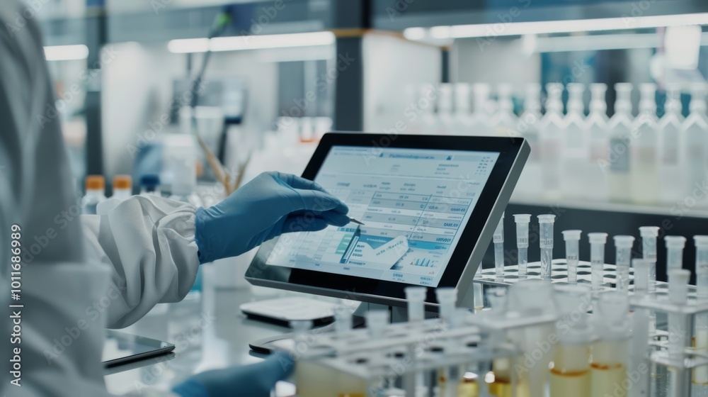 A scientist in a lab coat and gloves interacting with a tablet amidst an array of scientific equipment and test tubes, symbolizing modern scientific research. A scientist in a lab coat and gloves interacting with a tablet amidst an array of scientific equipment and test tubes, symbolizing modern scientific research.