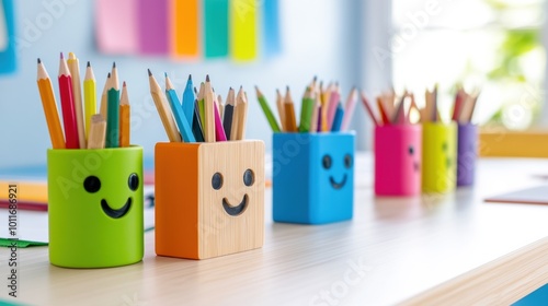 Colorful Pencil Holders on a Bright Desk