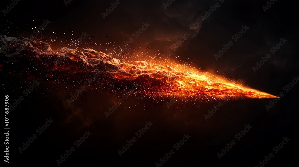 Fiery comet blazing through the sky, trailing glowing embers as it descends toward Earth