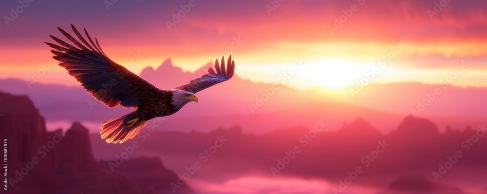 Naklejka premium Eagle soaring through the colorful sky at sunset, capturing the essence of freedom and nature's beauty.