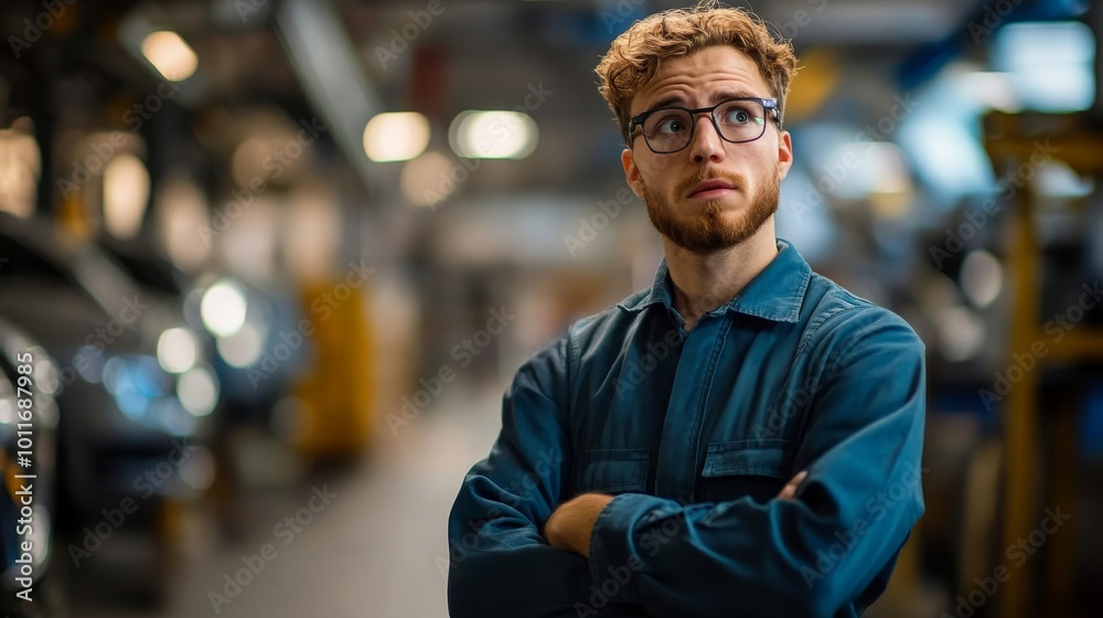 Shocked Engineer In Modern Car Factory, Generative AI Shocked Engineer In Modern Car Factory, Generative AI