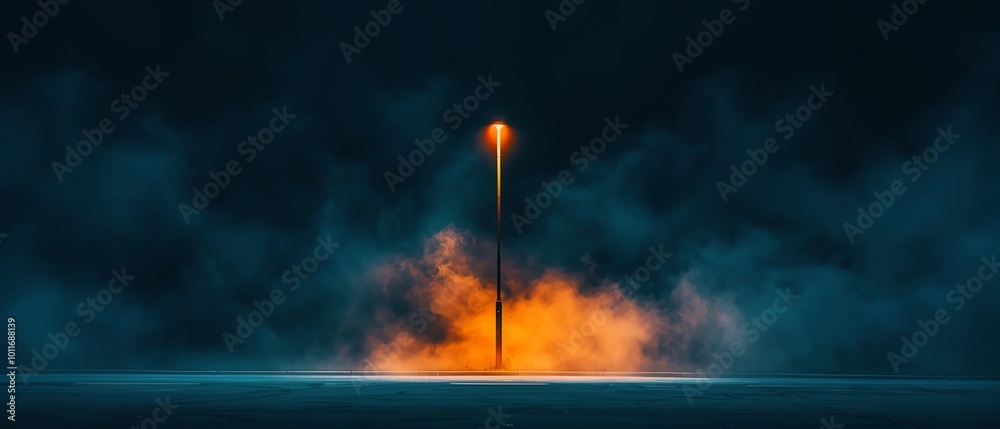 Fototapeta premium Film grain texture image of a lone streetlight reflecting fire, subtle glow in the mist, moody vintage photography