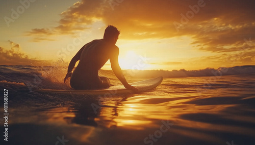 A man sits on his surfboard in the ocean at sunset, captured from behind with soft lighting and warm tones
