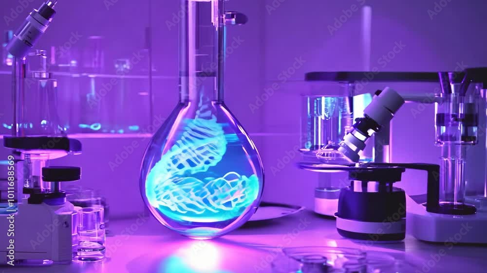 A microscope is on a table with a few glass beakers and a few other items