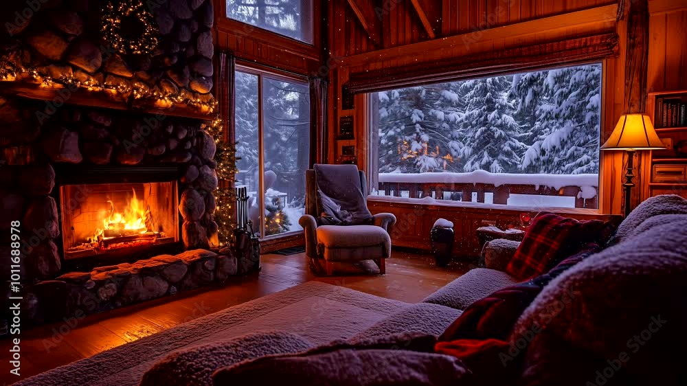 Cozy mountain cabin living room with fireplace and snowy view through large windows. Winter retreat concept. Seamless looping time-lapse animation video background
