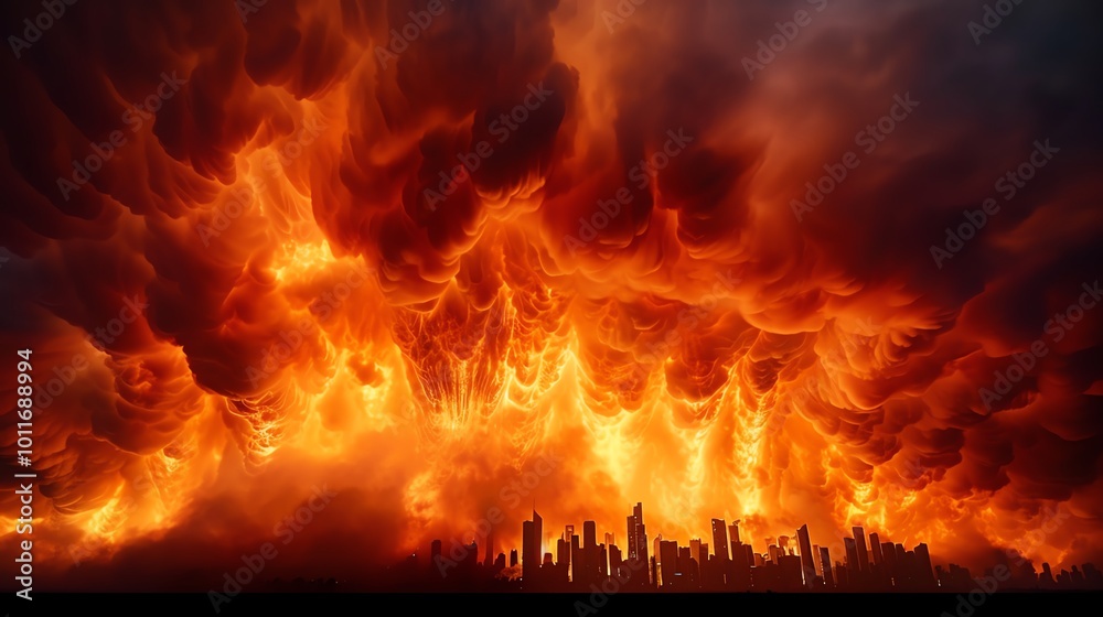 Fire engulfing a city skyline, intense flames, Fire engulfing a city skyline, intense flames,