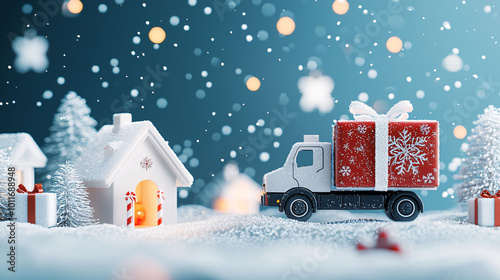 Wallpaper Mural festive delivery truck adorned with large red gift is speeding through snowy landscape, surrounded by charming houses and twinkling lights, evoking joyful holiday spirit Torontodigital.ca