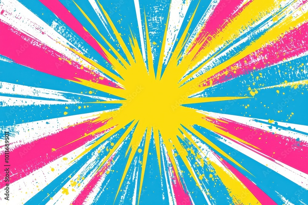 Vibrant abstract artwork featuring bold splashes of yellow, blue, and pink colors radiating outward like a dynamic starburst. Vibrant abstract artwork featuring bold splashes of yellow, blue, and pink colors radiating outward like a dynamic starburst.