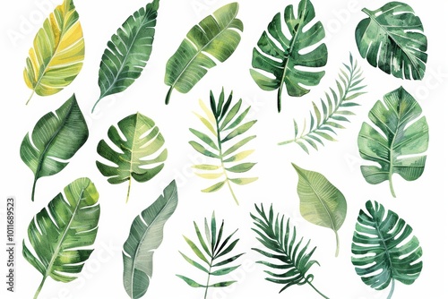 Watercolour Illustration of Cute and Adorable Jungle Leaves in Soft Faded Colours, Ideal for Nature and Design Projects Generative AI