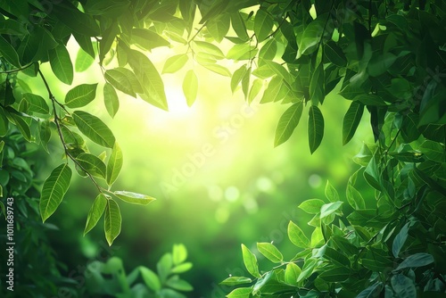 Lush green foliage with sunlight streaming through leaves, creating a serene and vibrant natural scene evoking tranquility and freshness.