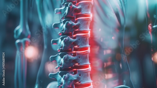 Futuristic representation of a human spine with glowing red highlights, blending anatomy with technology in a vivid, surreal artwork.