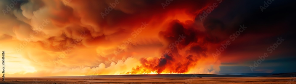 Fototapeta premium Fire spreading across dry grassland, intense heat,