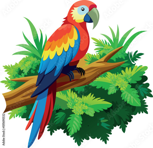 Colorful rainbow lorikeet with outstretched wings, sitting on a branch in a detailed vector illustration