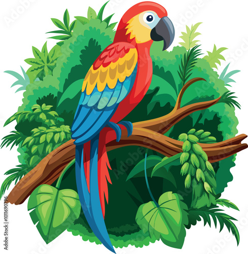 Colorful rainbow lorikeet with outstretched wings, sitting on a branch in a detailed vector illustration
