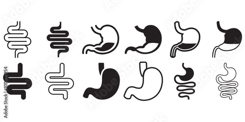 Intestine And Stomach Icon Set. Healthy gut. Digestive Signs.  Human anatomy, intestines or intestinal tract. Intestinal colonoscopy symbol.