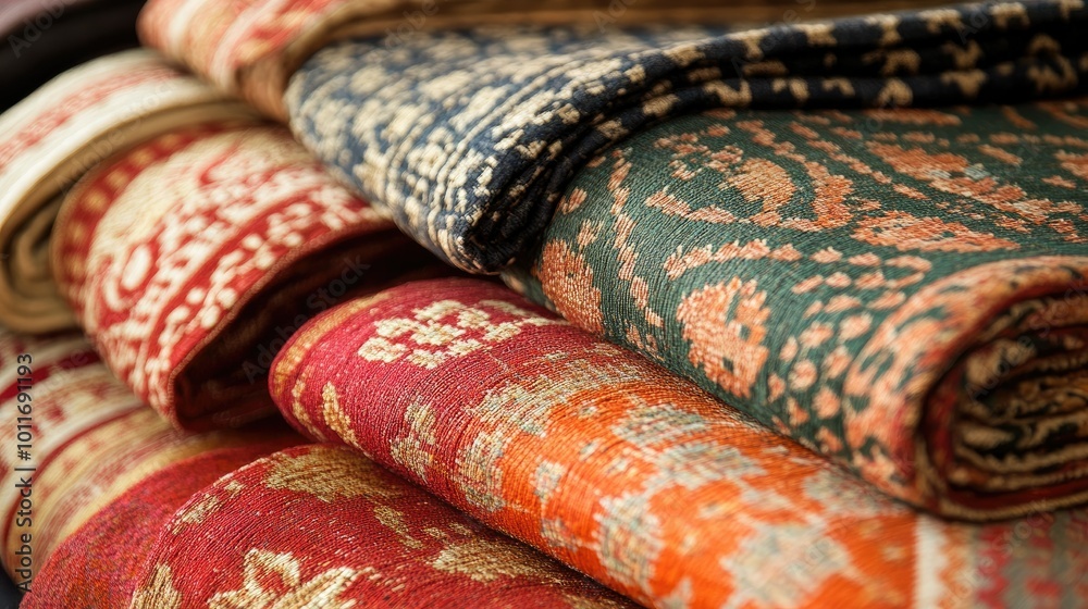 Handwoven textile from South Asia, showcasing rich patterns, no people, with room for captions. Handwoven textile from South Asia, showcasing rich patterns, no people, with room for captions.