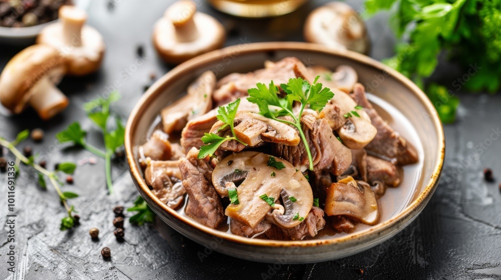 A gourmet dish of tender beef with creamy mushroom sauce, artfully garnished with parsley, surrounded by fresh ingredients on a rustic table.