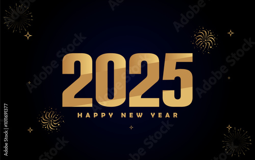 Happy New Year background 2025 shiny golden numbers on black background.