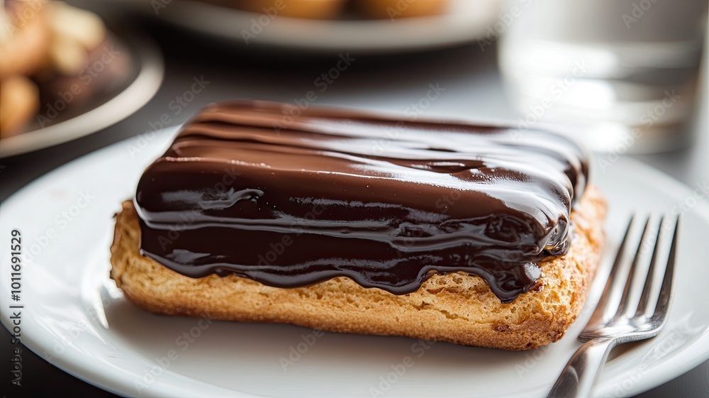 Decadent Chocolate Delight: A close-up view of a rich, chocolate-covered pastry, its glossy glaze gleaming under soft light. The fork and blurred background suggest a delicious treat. Decadent Chocolate Delight: A close-up view of a rich, chocolate-covered pastry, its glossy glaze gleaming under soft light. The fork and blurred background suggest a delicious treat.