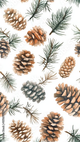 Watercolor Pattern of Pine Cones and Branches on White Paper, Nature-Inspired Design for Wall Decor or Fabric Generative AI