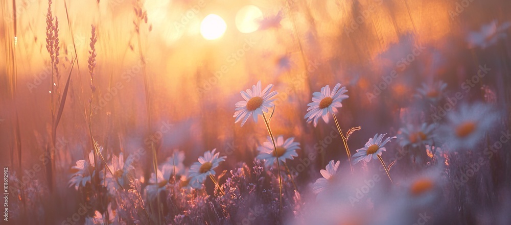 Daisies in Sunset Glow Creating a Dreamy Atmosphere. AI generated illustration Daisies in Sunset Glow Creating a Dreamy Atmosphere. AI generated illustration
