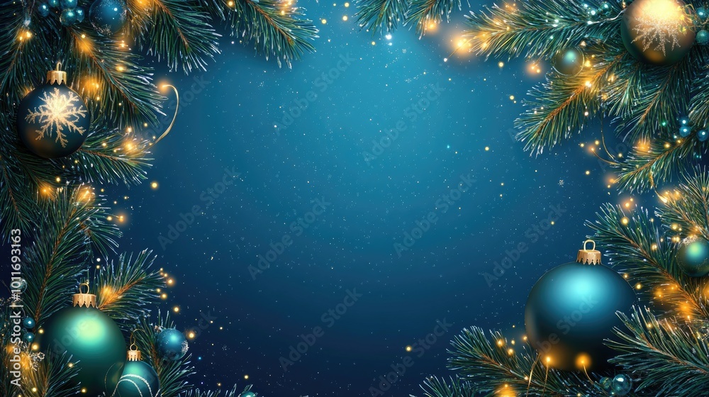 Christmas-themed frame with fir branches, baubles, and twinkling fairy lights, designed to highlight your holiday greetings. Christmas-themed frame with fir branches, baubles, and twinkling fairy lights, designed to highlight your holiday greetings.