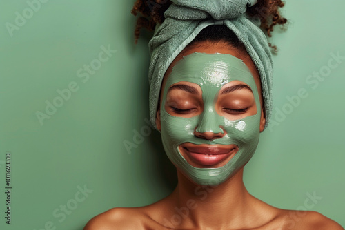 Beautiful Woman Skincare Routine Mud Mask. Green mud mask.