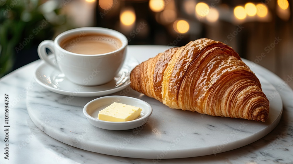 Coffee and Croissant: A perfectly crafted cup of coffee and a flaky croissant, ready to be enjoyed. The warm lighting and marble table create a cozy and inviting atmosphere.
