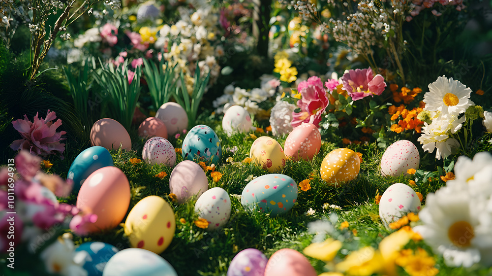 A garden filled with decorated Easter eggs hidden among vibrant flowers and greenery creating a festive atmosphere A garden filled with decorated Easter eggs hidden among vibrant flowers and greenery creating a festive atmosphere