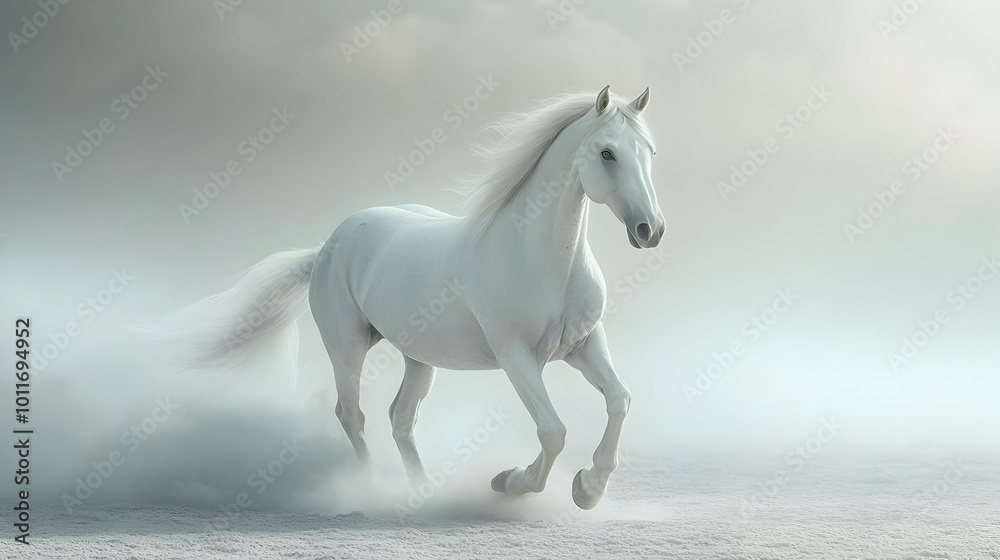 White Horse Running in Foggy Landscape Illustration White Horse Running in Foggy Landscape Illustration