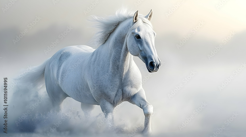 White Horse Running Through Mist - Realistic Image