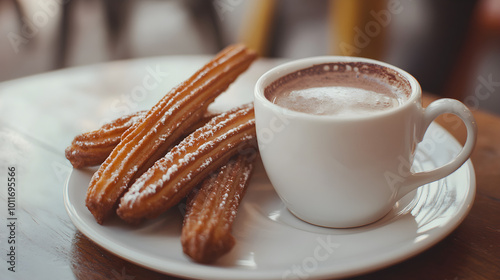 Close-up of a plate featuring golden churros dusted with sugar alongside a steaming cup of rich hot chocolate