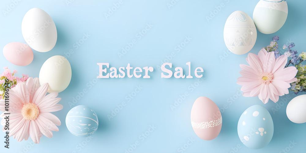 Soft pastel colors frame an elegant Easter sale message with decorative eggs and flowers on a light blue background creating a cheerful and festive atmosphere Soft pastel colors frame an elegant Easter sale message with decorative eggs and flowers on a light blue background creating a cheerful and festive atmosphere