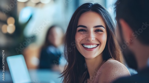 Smiling Woman with Long Brown Hair Looking at Man