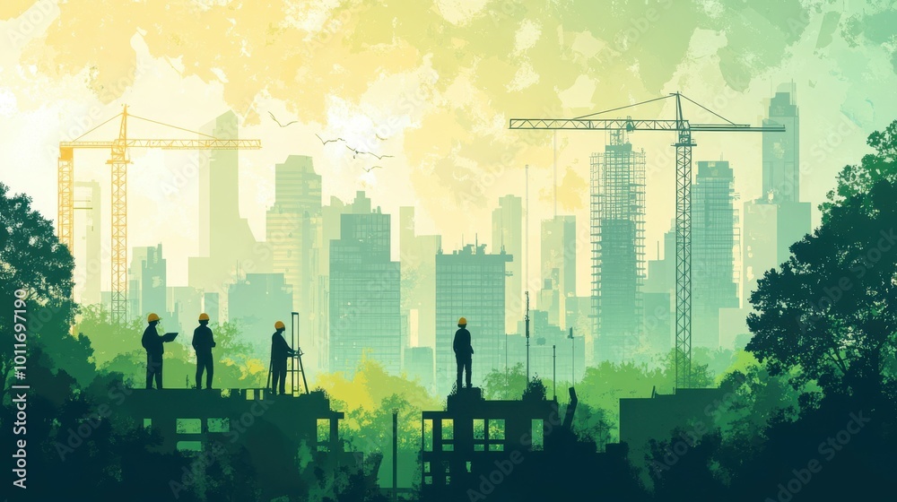Civil engineers working on an environmental infrastructure project, designing green urban spaces. Flat illustration with modern, abstract shapes and earthy tones to represent sustainability Civil engineers working on an environmental infrastructure project, designing green urban spaces. Flat illustration with modern, abstract shapes and earthy tones to represent sustainability