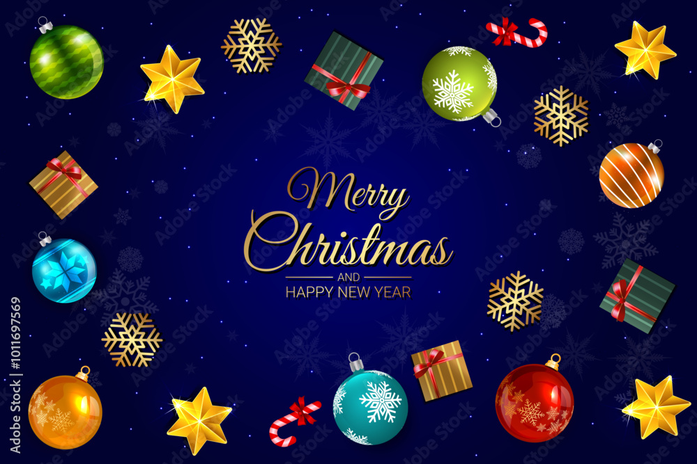 Fototapeta premium Colorful Christmas Ornaments and Gifts on Blue Holiday Greeting Background