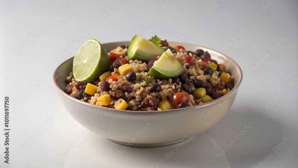 A bowl of black bean and rice salad with avocado, tomatoes, and lime wedges.
