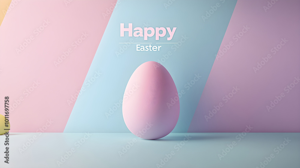 Fototapeta premium A minimalist easter poster features a pastel-colored egg against a soft geometric background with cheerful text celebrating easter