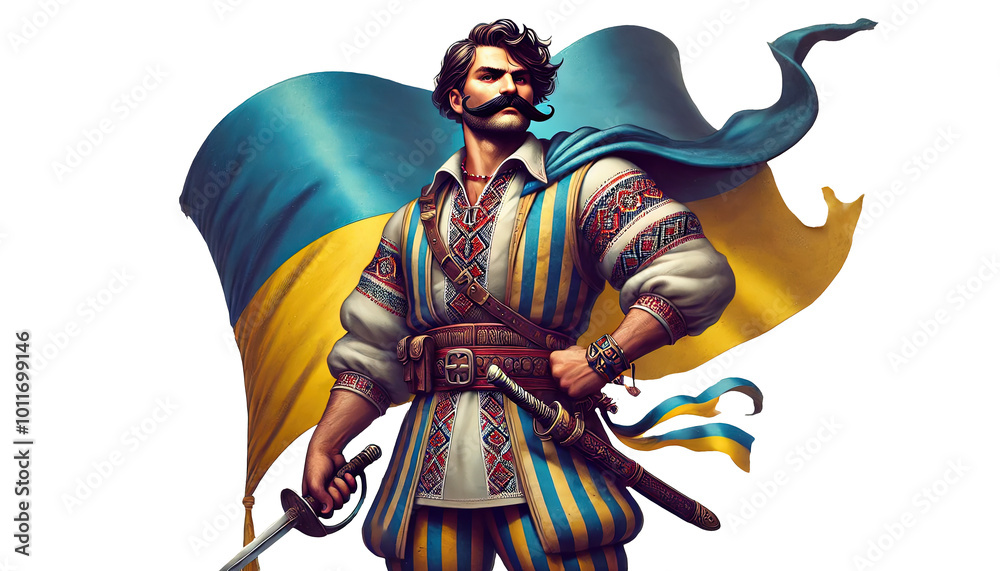 Fototapeta premium Ukrainian Kozak Warrior with National Flag on Transparent Background