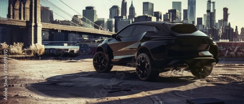 A sleek black car stands prominently under a bridge, against the backdrop of a city skyline, capturing the essence of urban exploration and futuristic design. photo