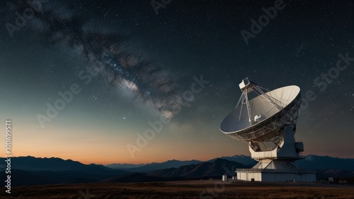 Giant radio telescope scanning deep space near a mountaintop observatory