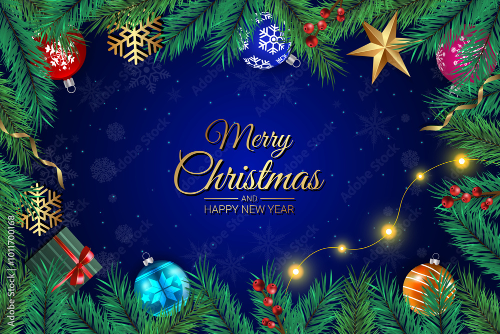 Festive Christmas Background with Ornaments, Pine Branches, and a Blue Night Sky Festive Christmas Background with Ornaments, Pine Branches, and a Blue Night Sky