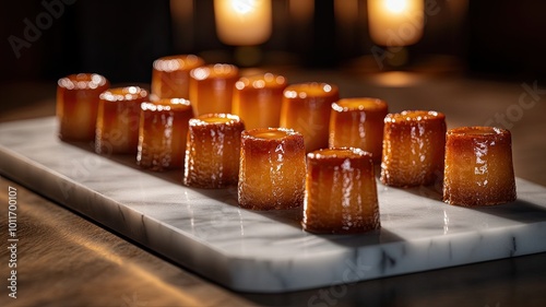 Canelé De Bordeaux: A delectable arrangement of golden-brown Canelés, arranged on a marble slab, bathed in warm candlelight. A perfect image for food blogs, restaurants, and culinary publications. 