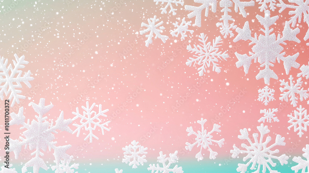Sparkling white snowflakes falling against a soft gradient background of pink and teal, creating a winter wonderland atmosphere Sparkling white snowflakes falling against a soft gradient background of pink and teal, creating a winter wonderland atmosphere